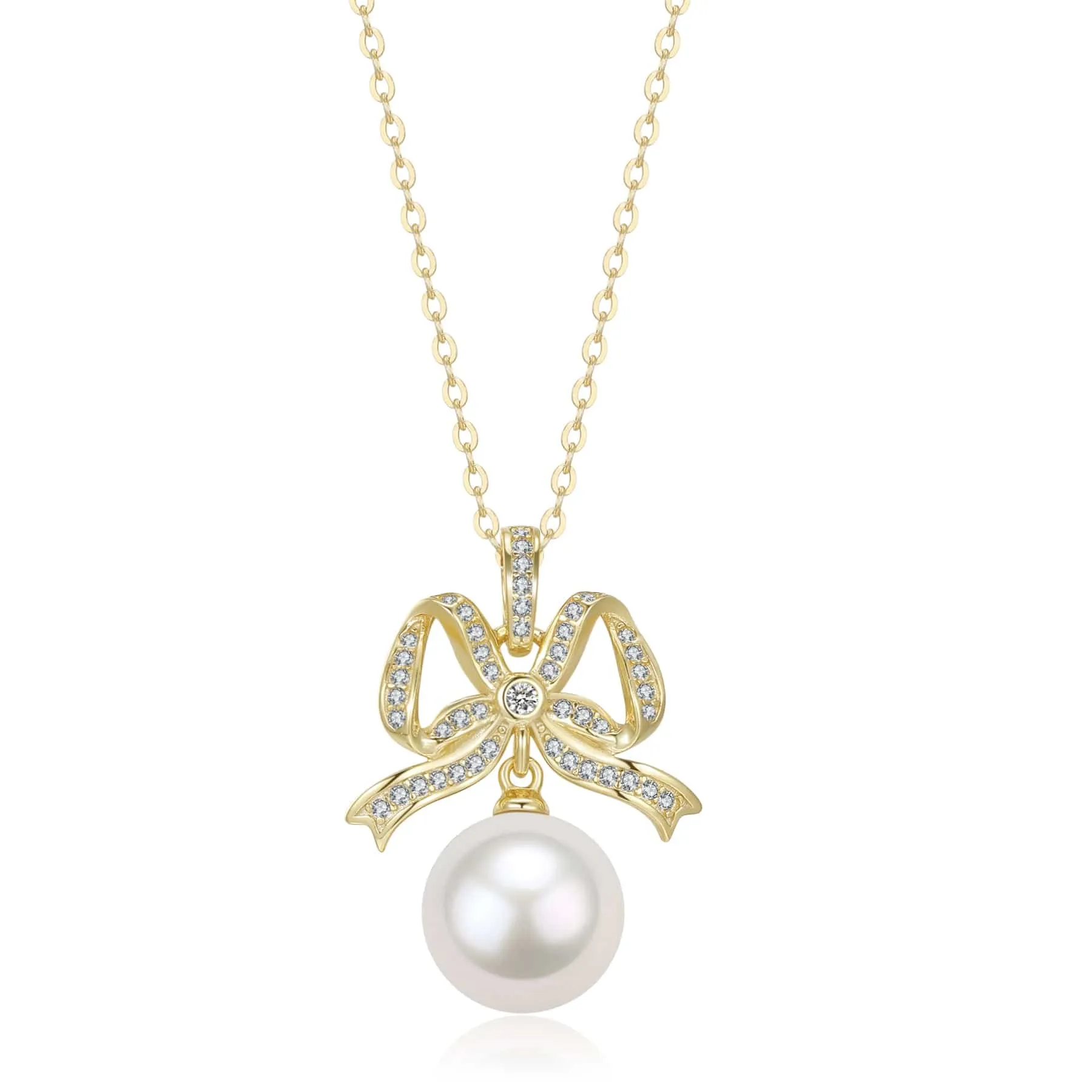 10-11mm Freshwater Pearl CZ Bowknot Pendant Necklace