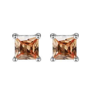 10k White Gold Plated 2 Carat Square Created Champagne Sapphire Stud Earrings