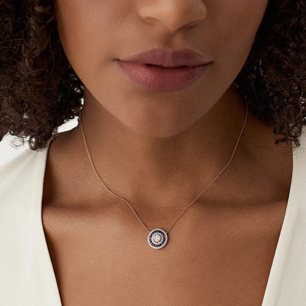 14K Gold Round Diamond Sapphire Necklace
