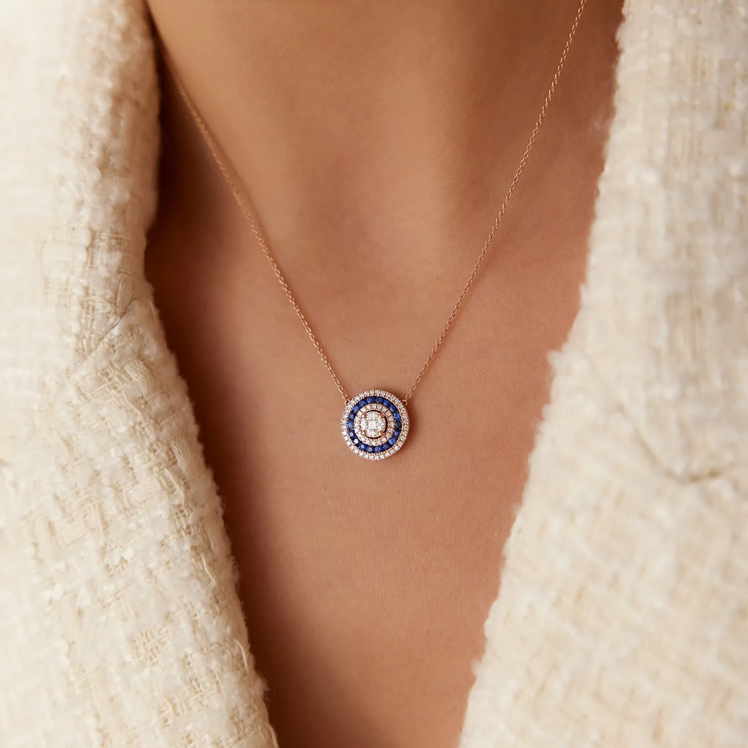 14K Gold Round Diamond Sapphire Necklace