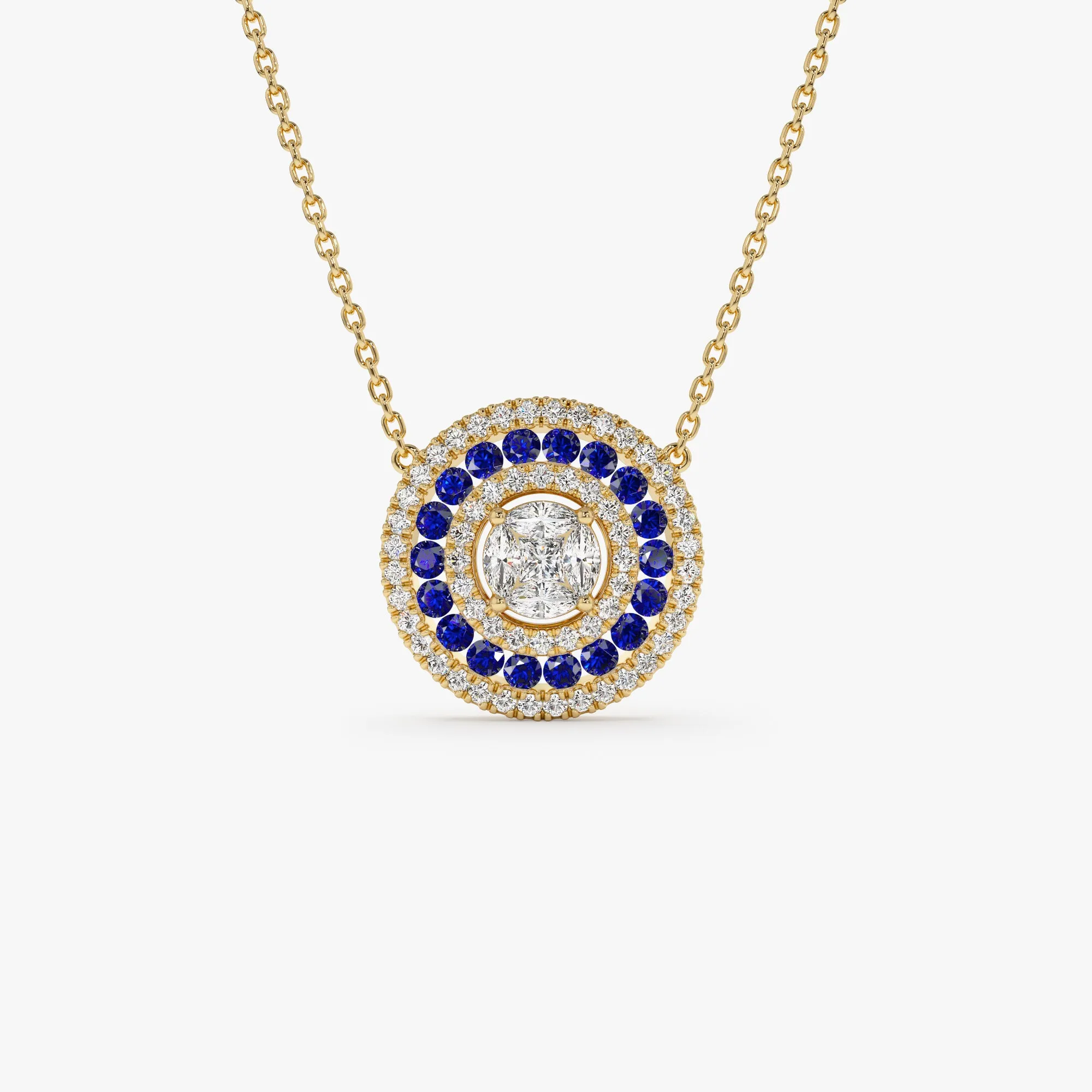 14K Gold Round Diamond Sapphire Necklace