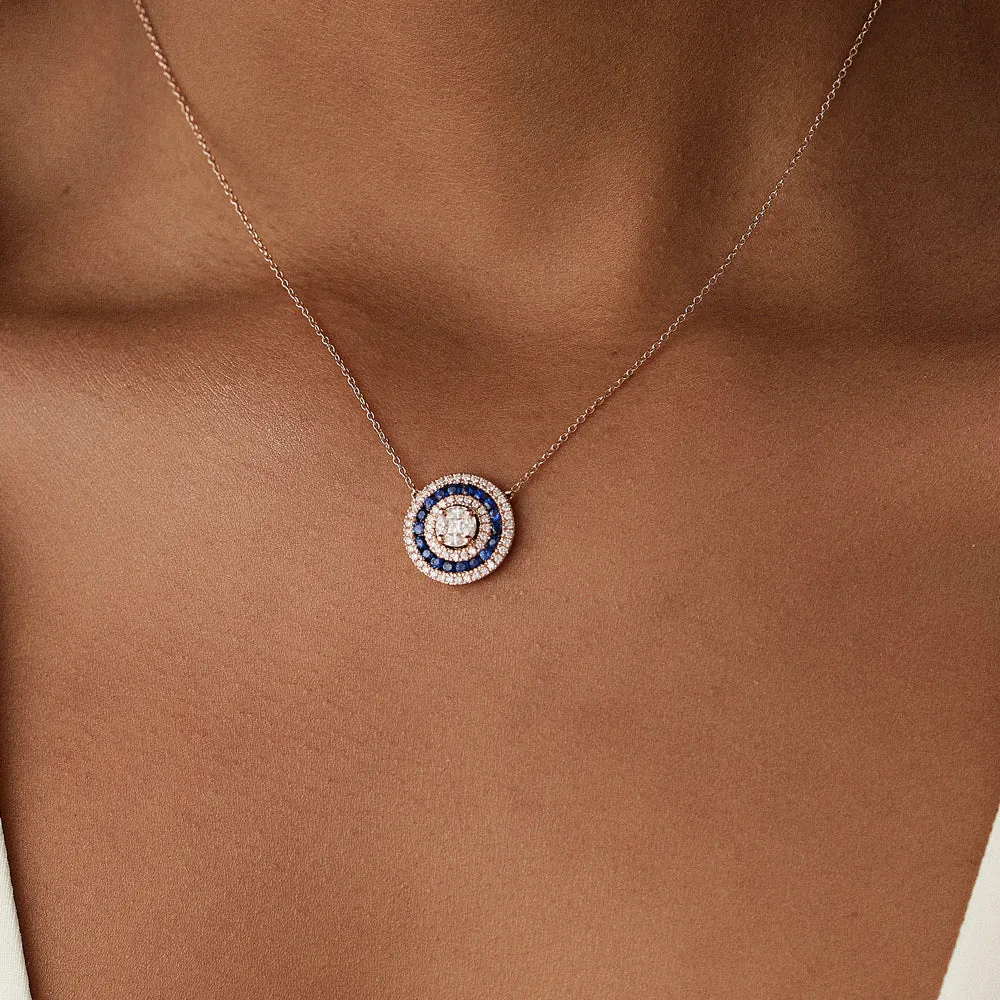 14K Gold Round Diamond Sapphire Necklace