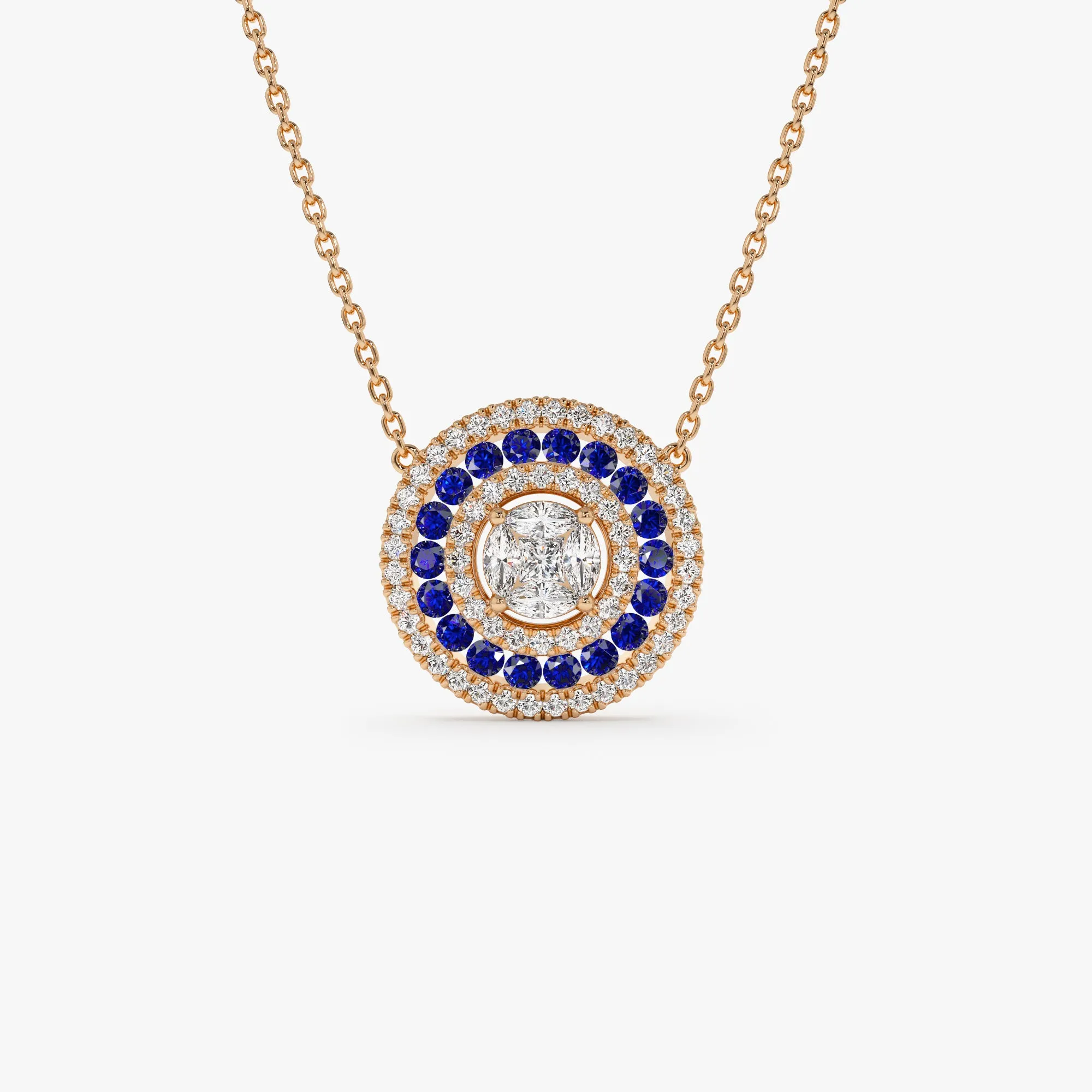 14K Gold Round Diamond Sapphire Necklace