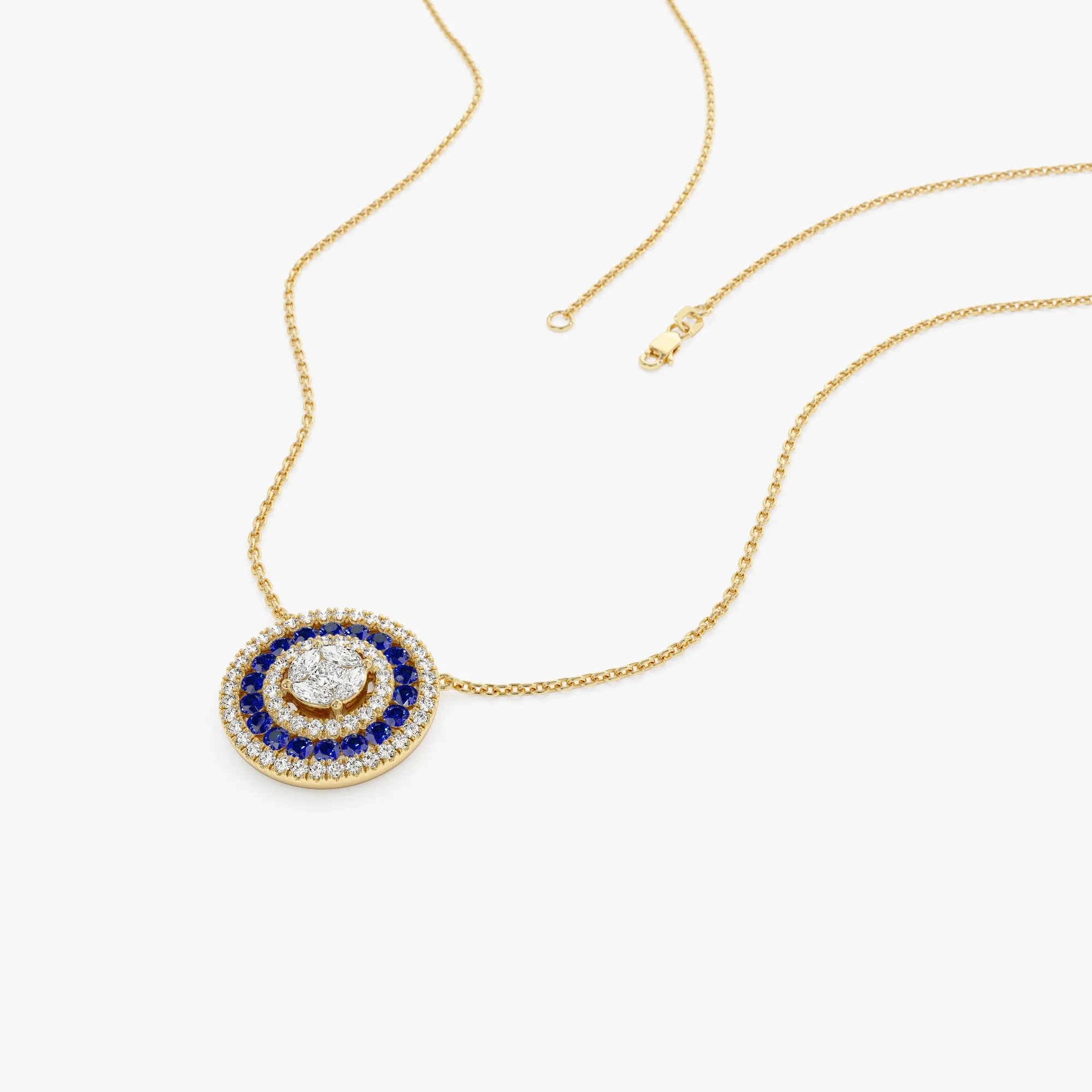 14K Gold Round Diamond Sapphire Necklace