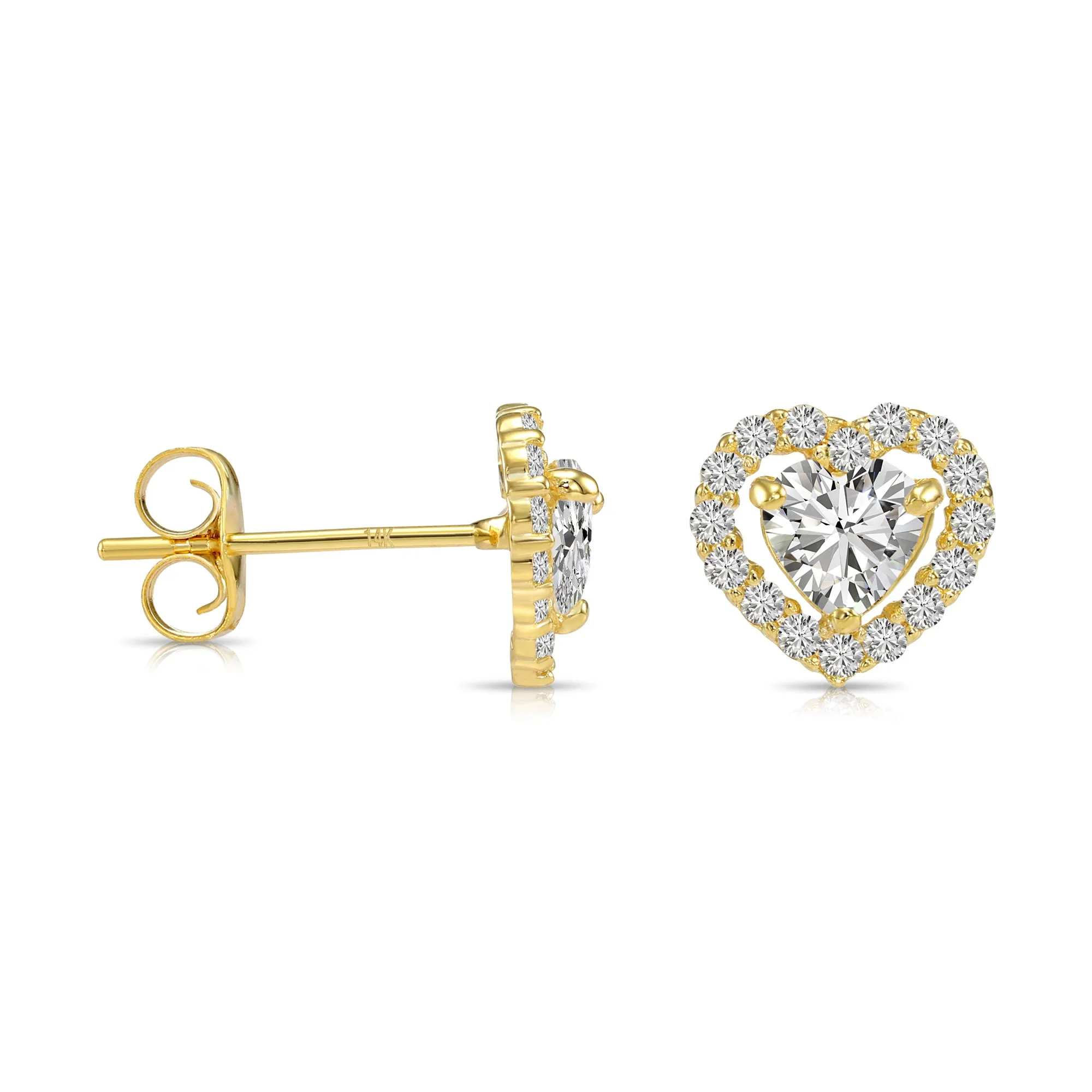 14k Yellow Gold CZ Heart Halo Stud Earrings - Pushbacks