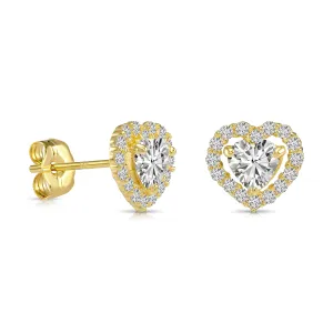 14k Yellow Gold CZ Heart Halo Stud Earrings - Pushbacks