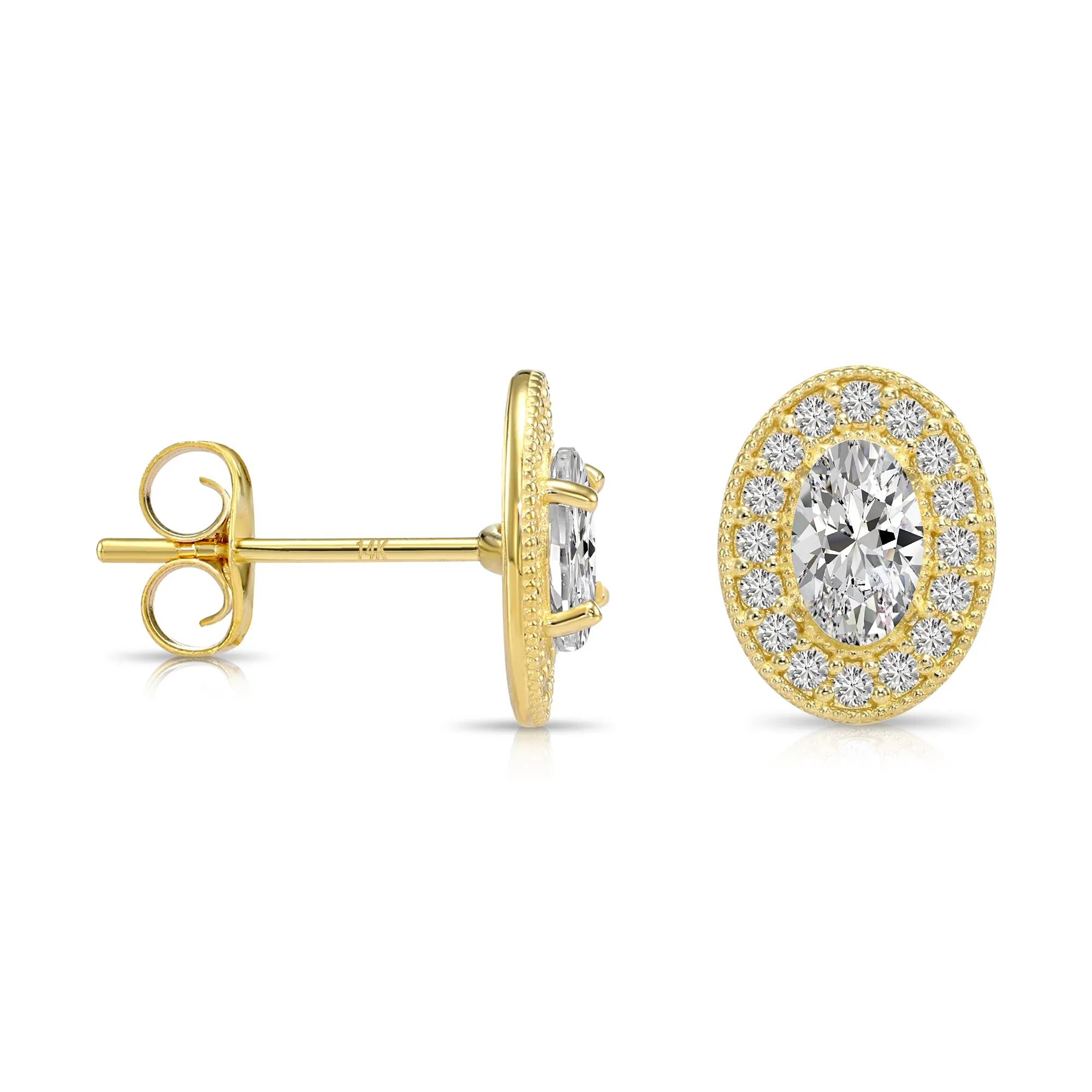 14k Yellow Gold CZ Oval Halo Stud Earrings - Pushbacks
