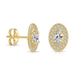 14k Yellow Gold CZ Oval Halo Stud Earrings - Pushbacks