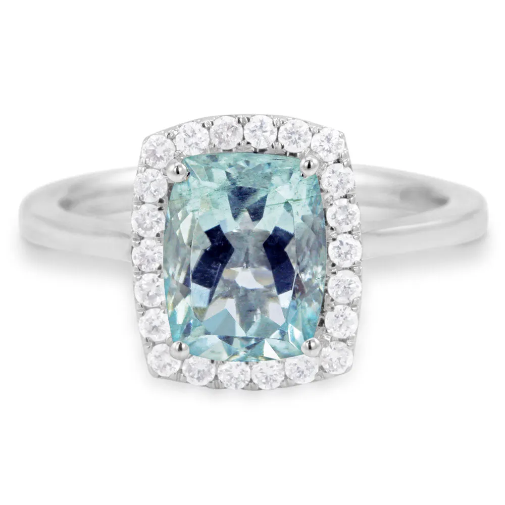18ct White Gold 1.84ct Radiant Cut Aquamarine With 0.27ct Diamond Halo Ring