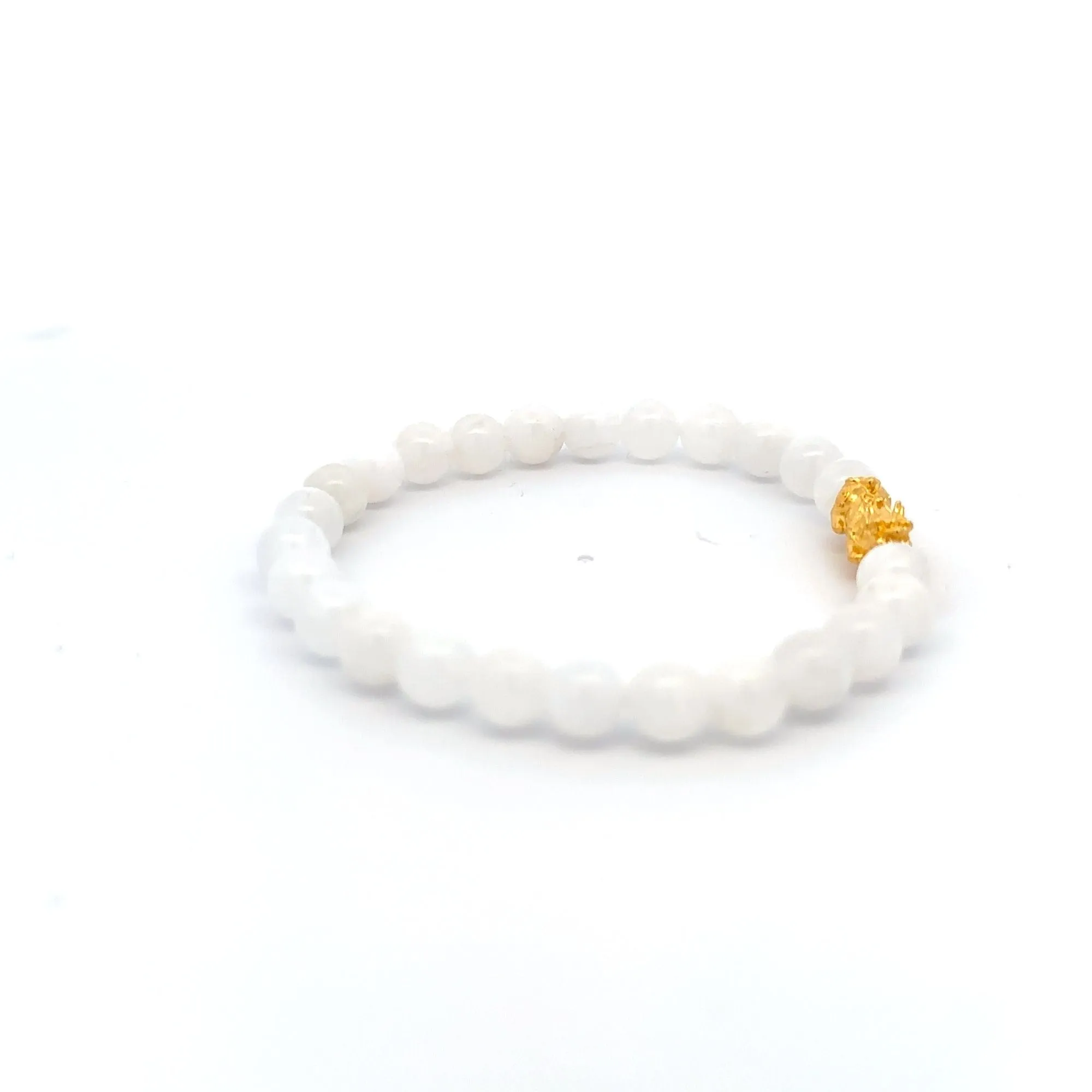 18K Gold Pixiu Piyao Bracelet Natural Gemstones Moonstone 6mm Elastic Bracelet