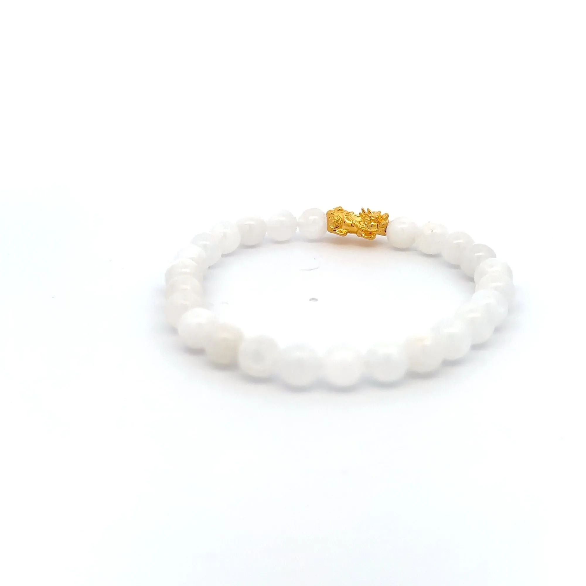 18K Gold Pixiu Piyao Bracelet Natural Gemstones Moonstone 6mm Elastic Bracelet