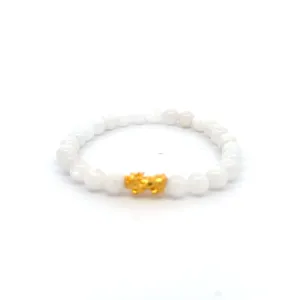 18K Gold Pixiu Piyao Bracelet Natural Gemstones Moonstone 6mm Elastic Bracelet