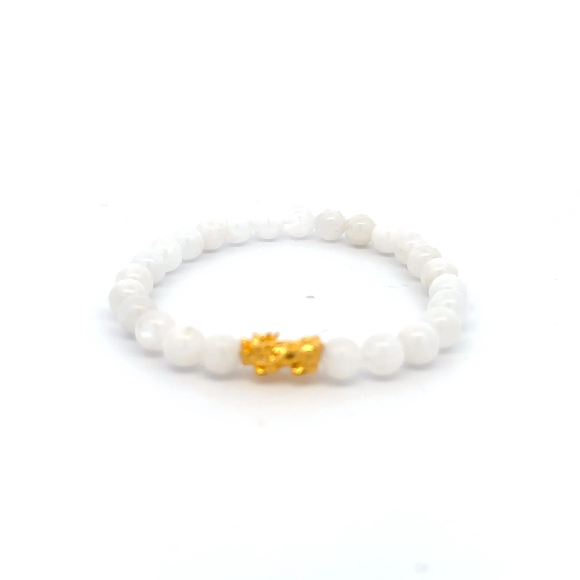 18K Gold Pixiu Piyao Bracelet Natural Gemstones Moonstone 6mm Elastic Bracelet