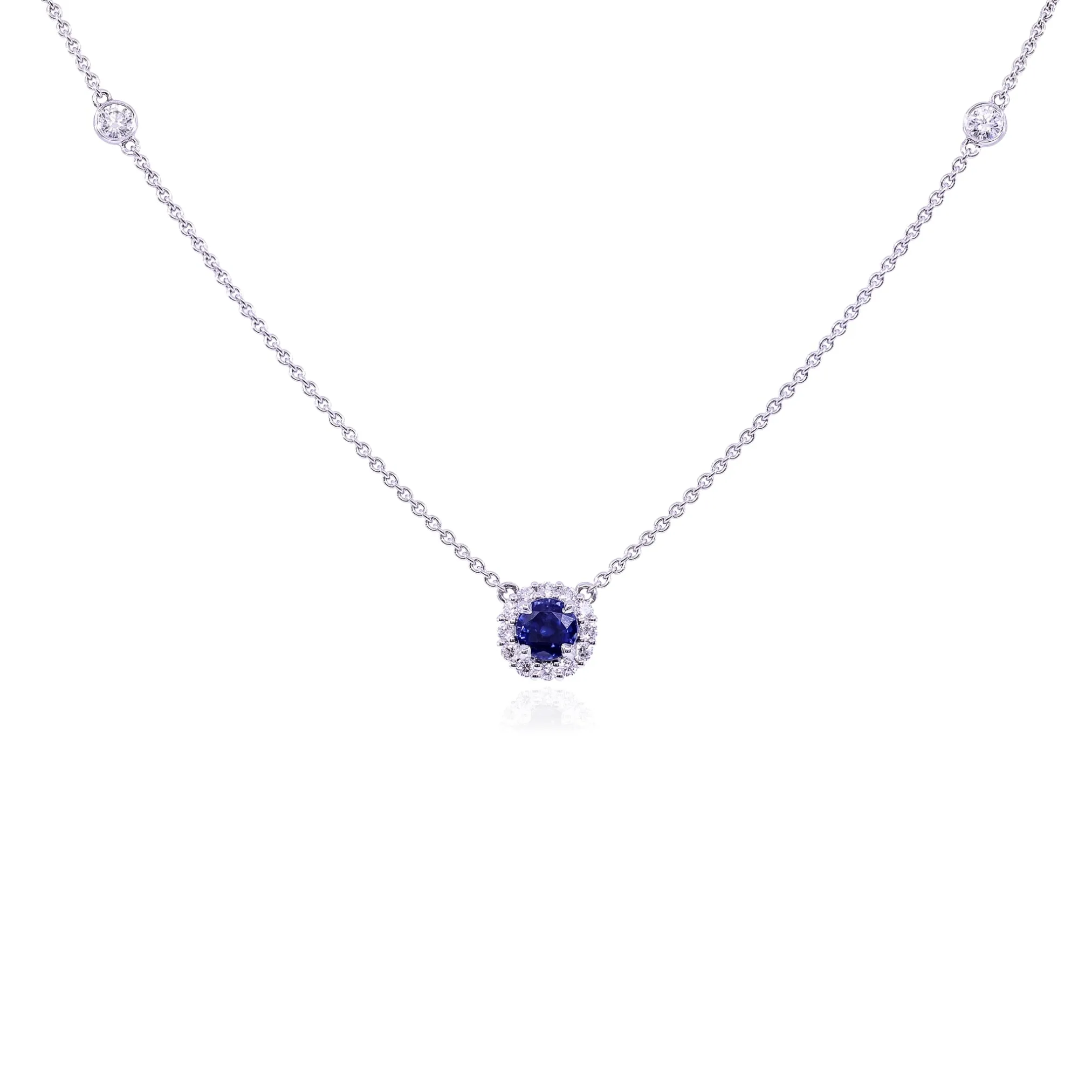 18K WHITE GOLD BLUE SAPPHIRE AND DIAMOND HALO NECKLACE