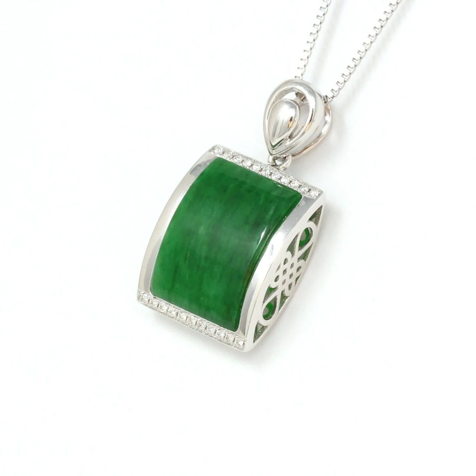 18k White Gold Genuine Burmese Jadeite RuYi Pendant Necklace With Diamond