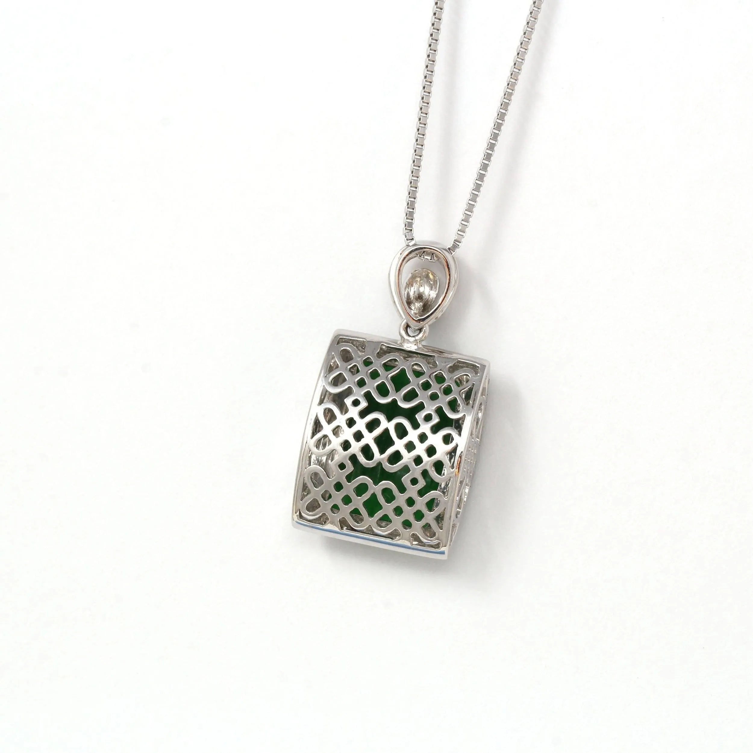 18k White Gold Genuine Burmese Jadeite RuYi Pendant Necklace With Diamond