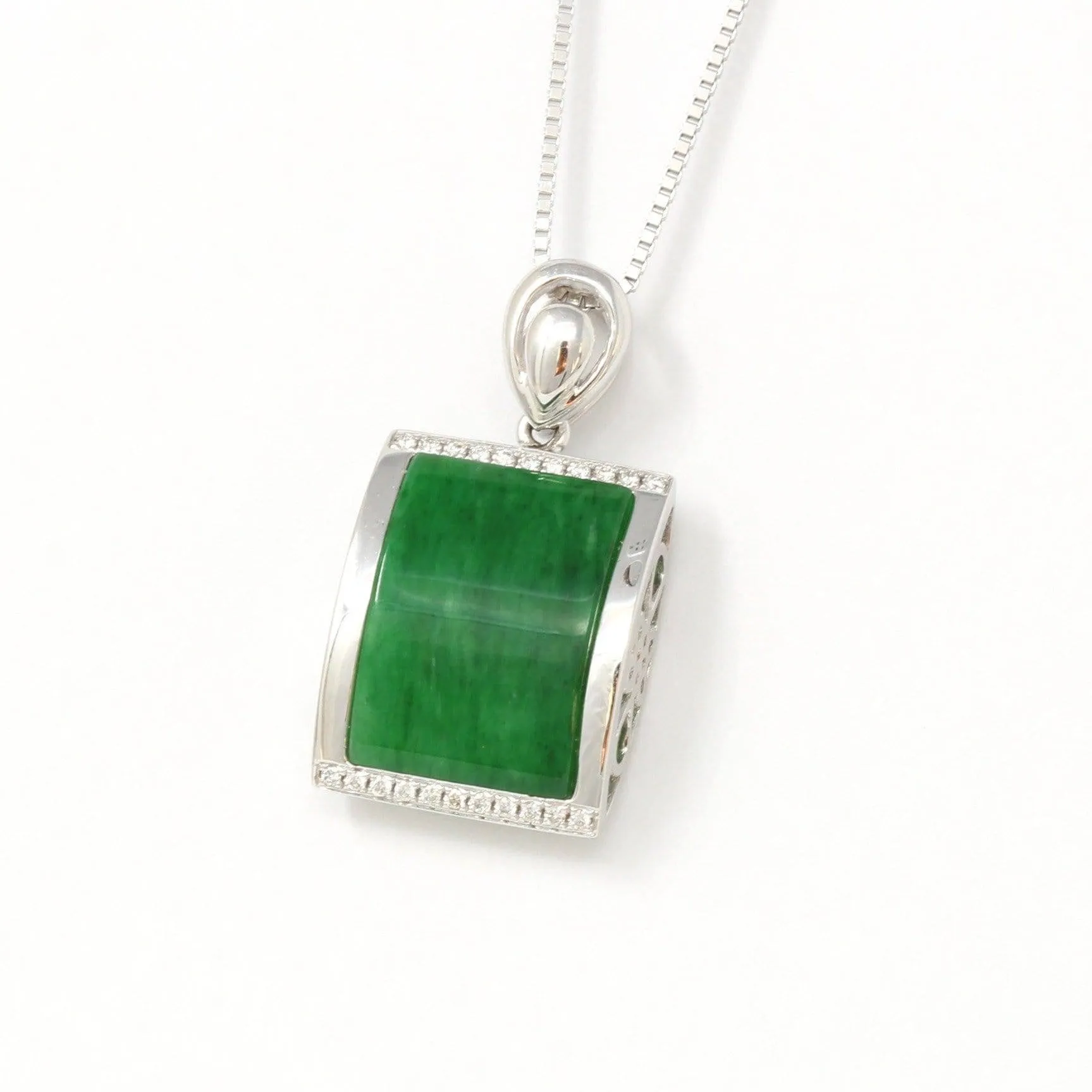 18k White Gold Genuine Burmese Jadeite RuYi Pendant Necklace With Diamond