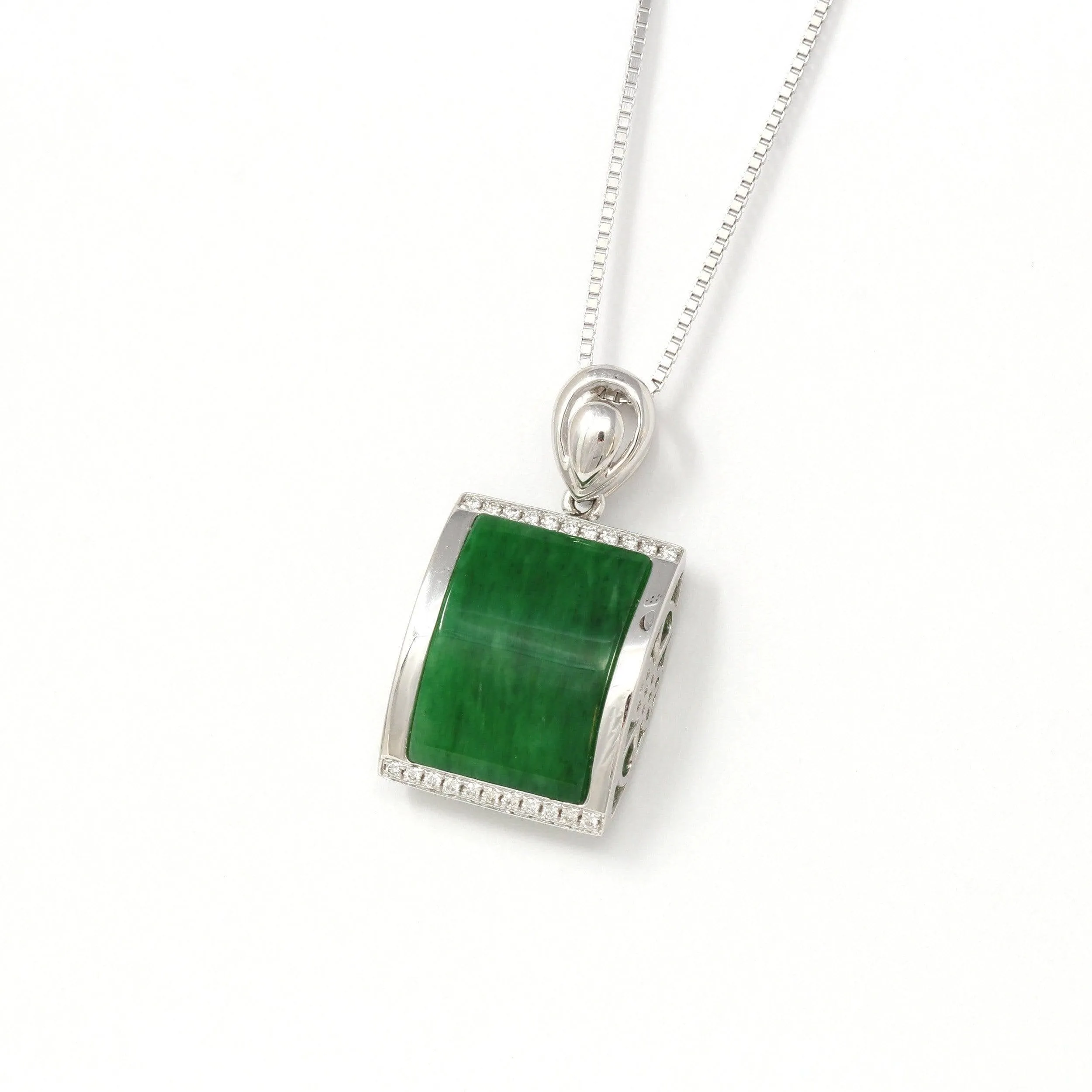18k White Gold Genuine Burmese Jadeite RuYi Pendant Necklace With Diamond