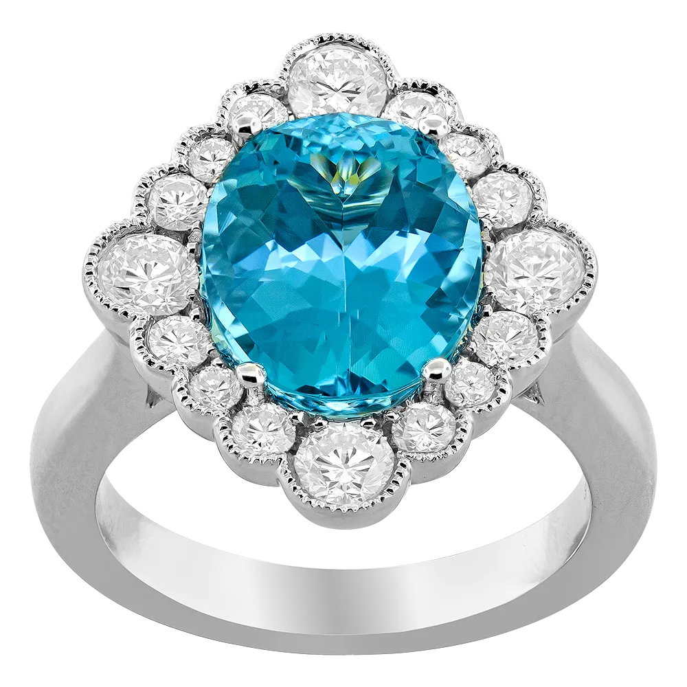 18K White Halo Aquamarine and Natural Diamond Ring Size 6.5