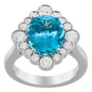 18K White Halo Aquamarine and Natural Diamond Ring Size 6.5