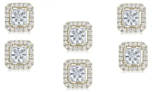 18k Yellow Gold Plated 1Ct Princess Cut White Sapphire Set of Three Halo Stud Earrings