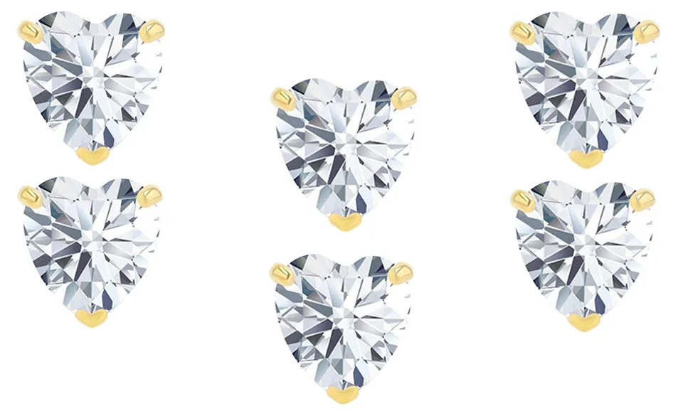 18k Yellow Gold Plated 4Ct Heart White Sapphire Set Of Three Stud Earrings