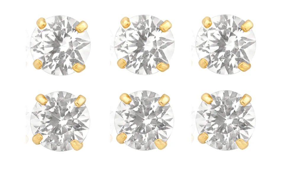 18k Yellow Gold Plated 4Ct Round White Sapphire Set Of Three Stud Earrings