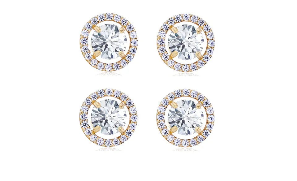 18k Yellow Gold Plated 4mm 1Ct Round White Sapphire Set of Two Halo Stud Earrings