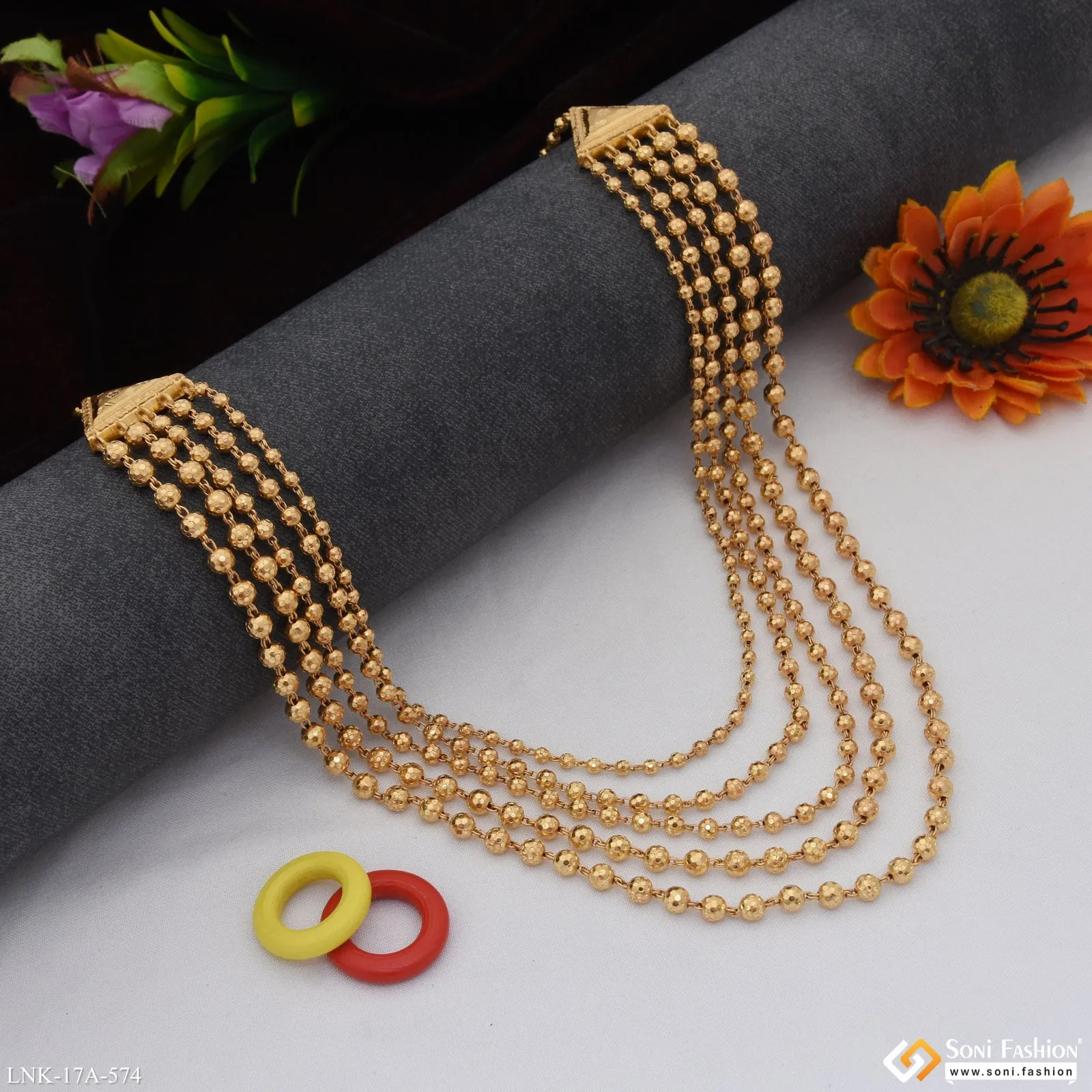 5 Line Gold Plated Brass Beaded Necklace for Women - Style A574