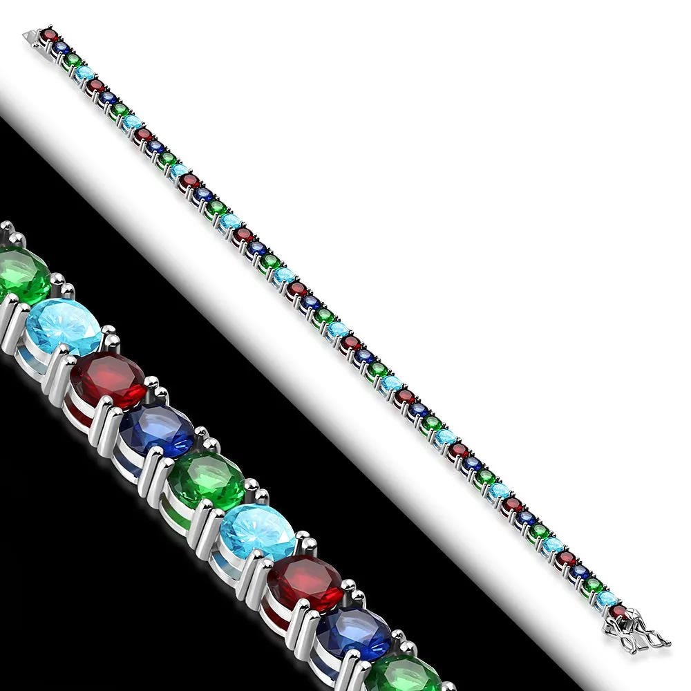925 Sterling Silver Blue Red Green Multicolor CZ Tennis Bracelet, 7.5"