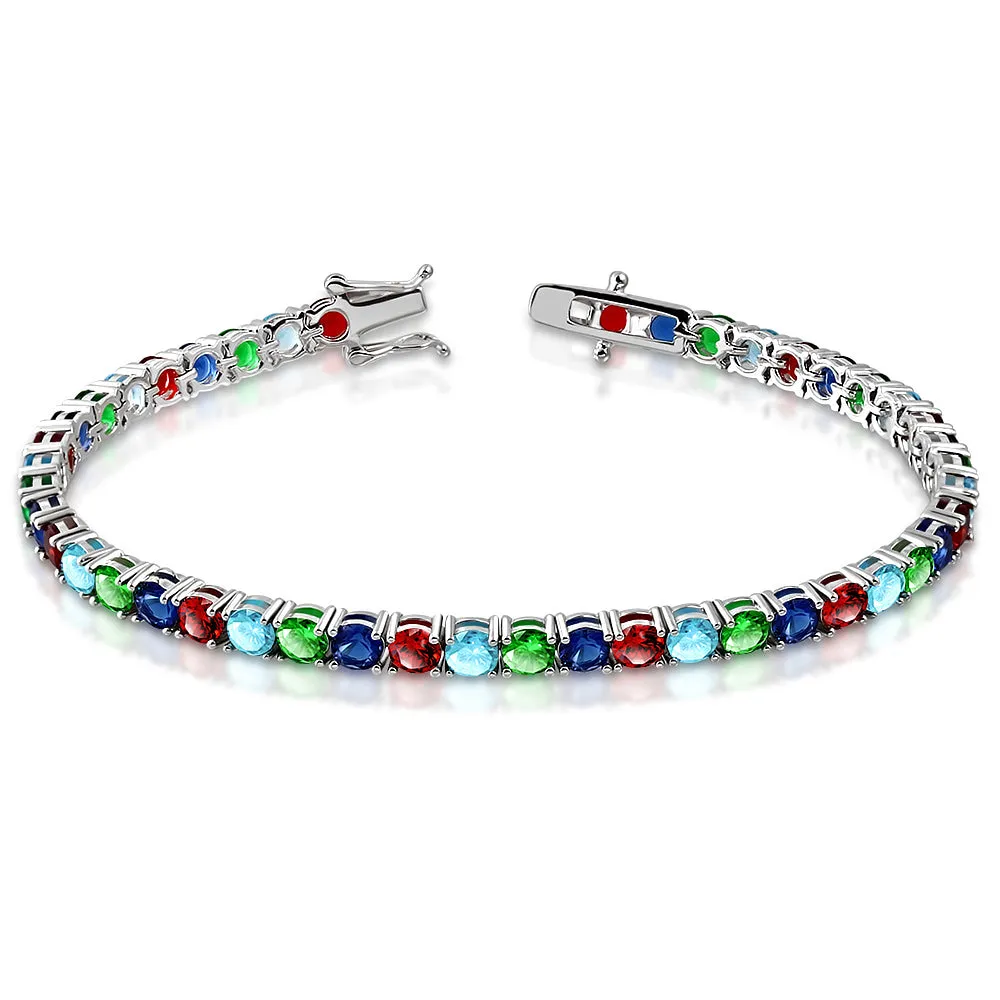 925 Sterling Silver Blue Red Green Multicolor CZ Tennis Bracelet, 7.5"