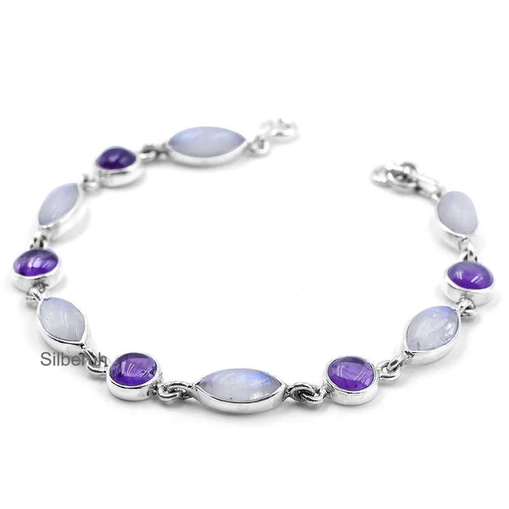 Amethyst & Rainbow Moonstone Silver Bracelet