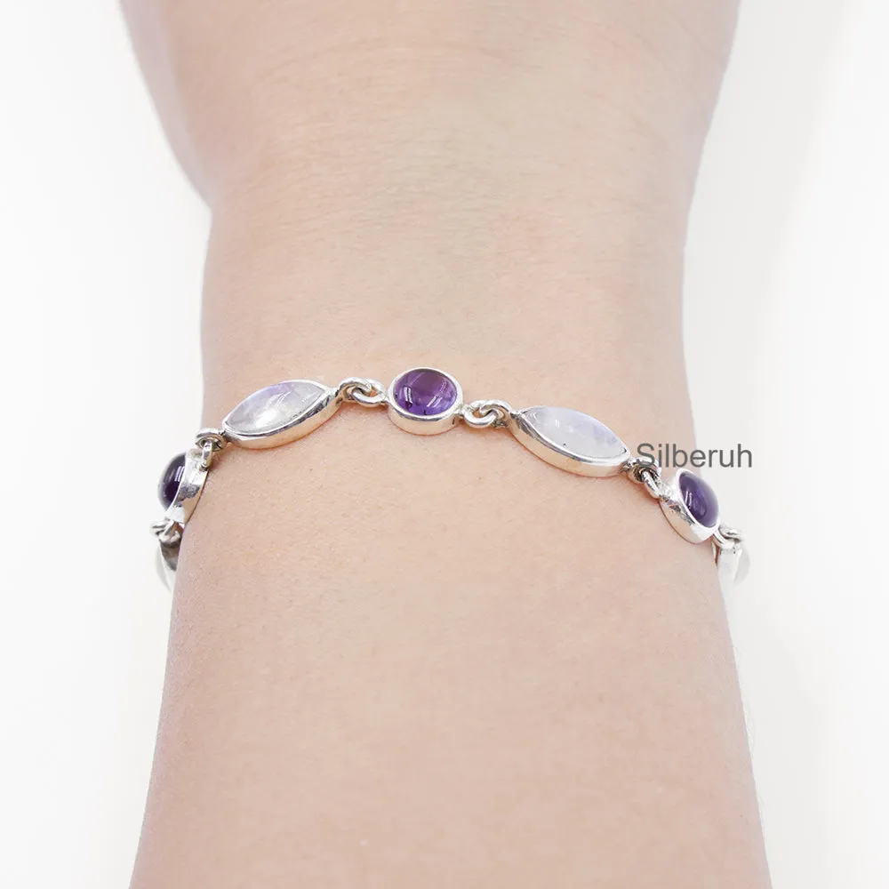 Amethyst & Rainbow Moonstone Silver Bracelet