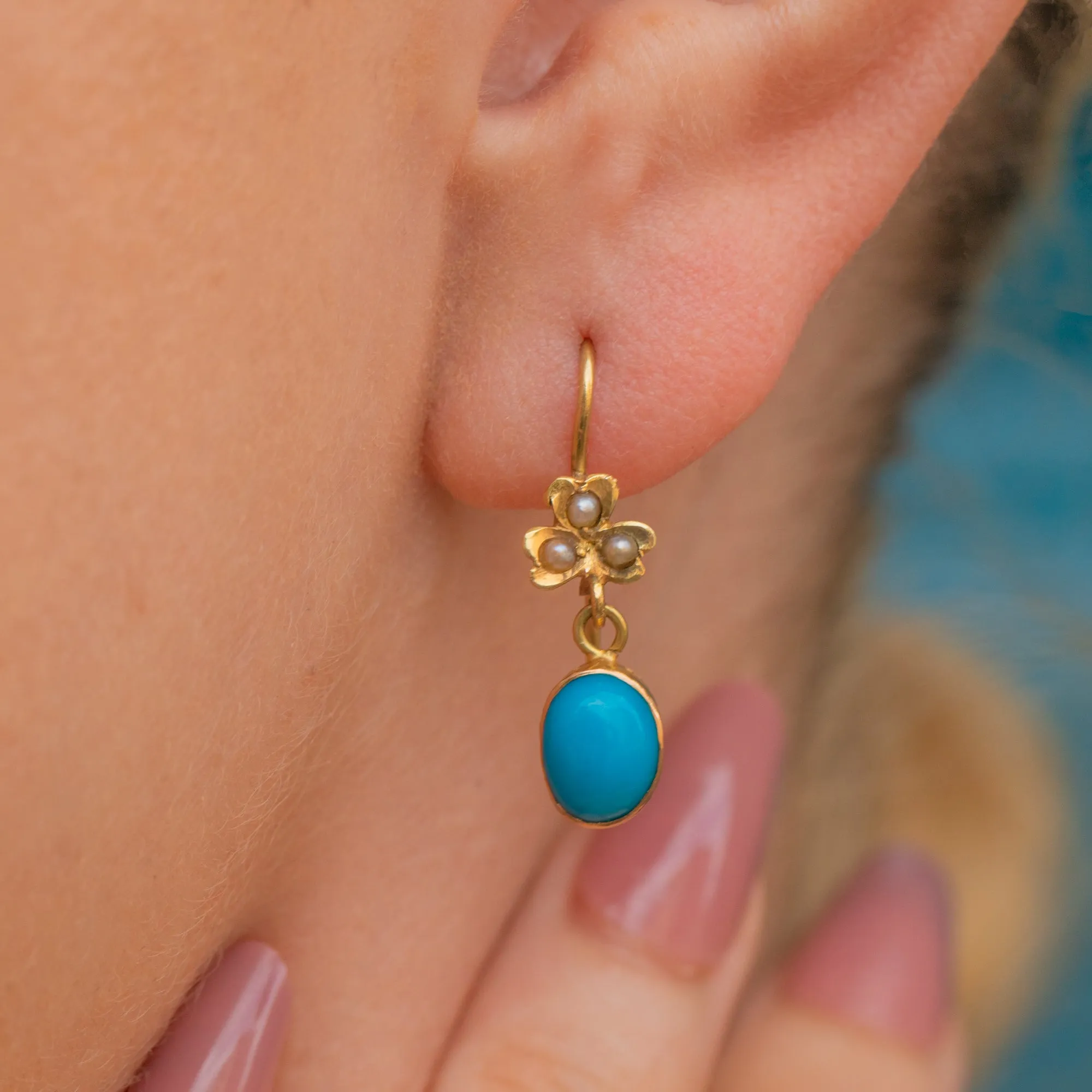 Antique 18ct Gold Turquoise Pearl Drop Earrings