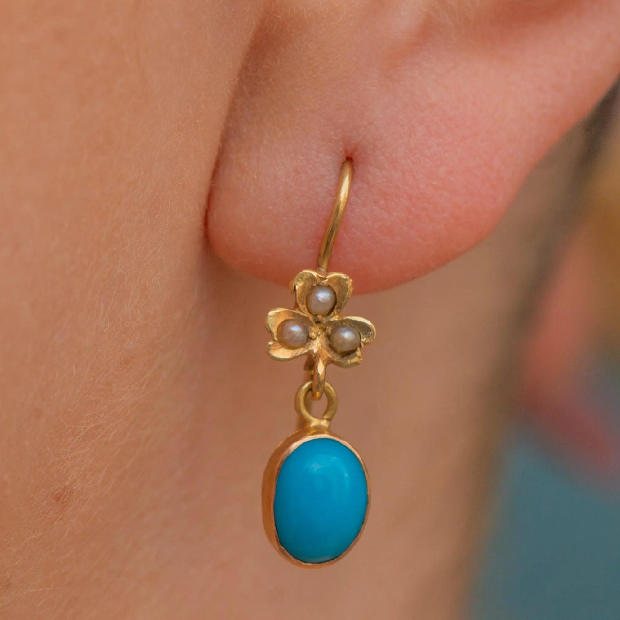 Antique 18ct Gold Turquoise Pearl Drop Earrings