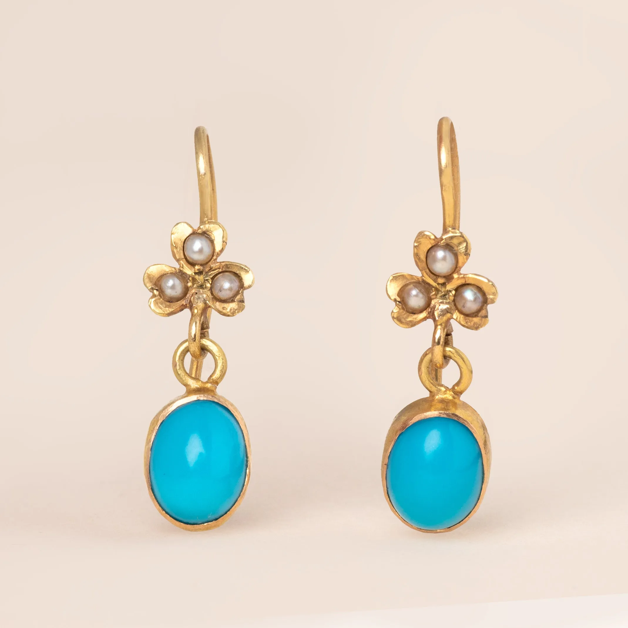 Antique 18ct Gold Turquoise Pearl Drop Earrings