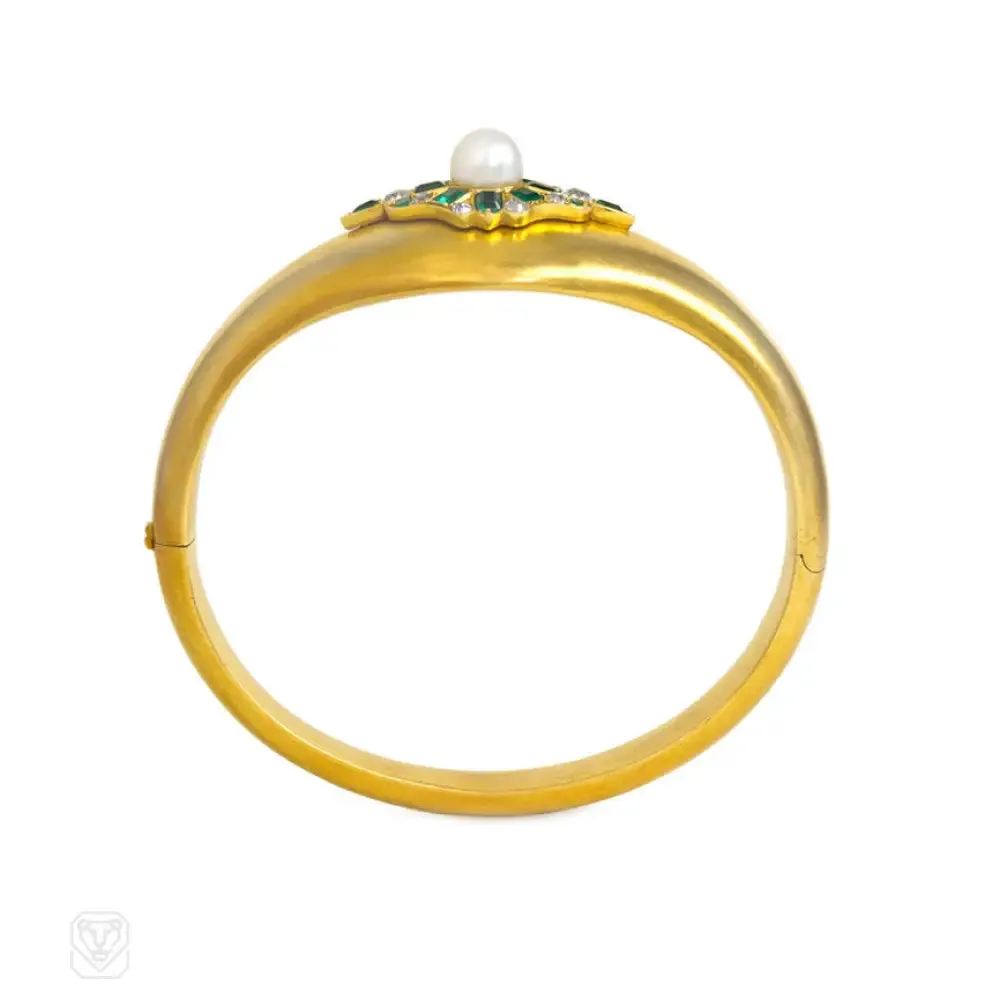 Antique gold, emerald, pearl, and diamond bangle