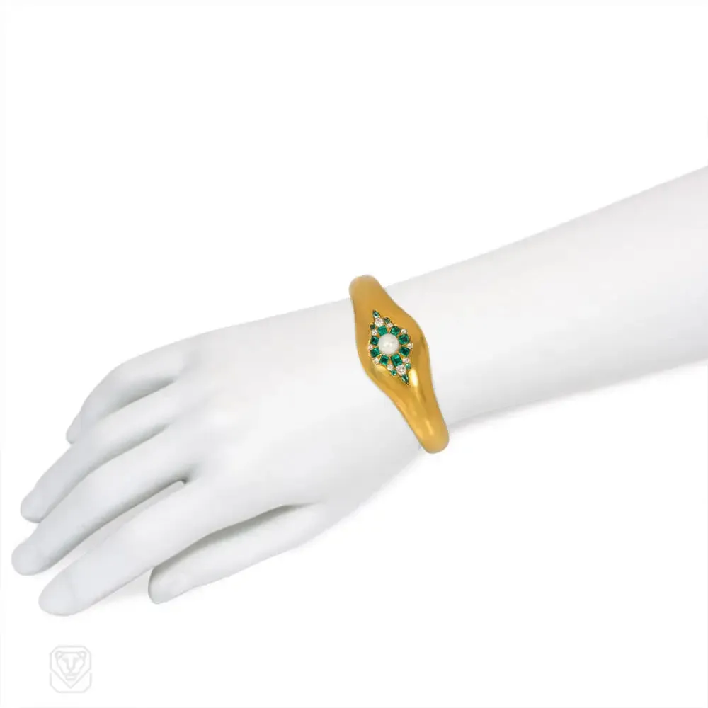 Antique gold, emerald, pearl, and diamond bangle