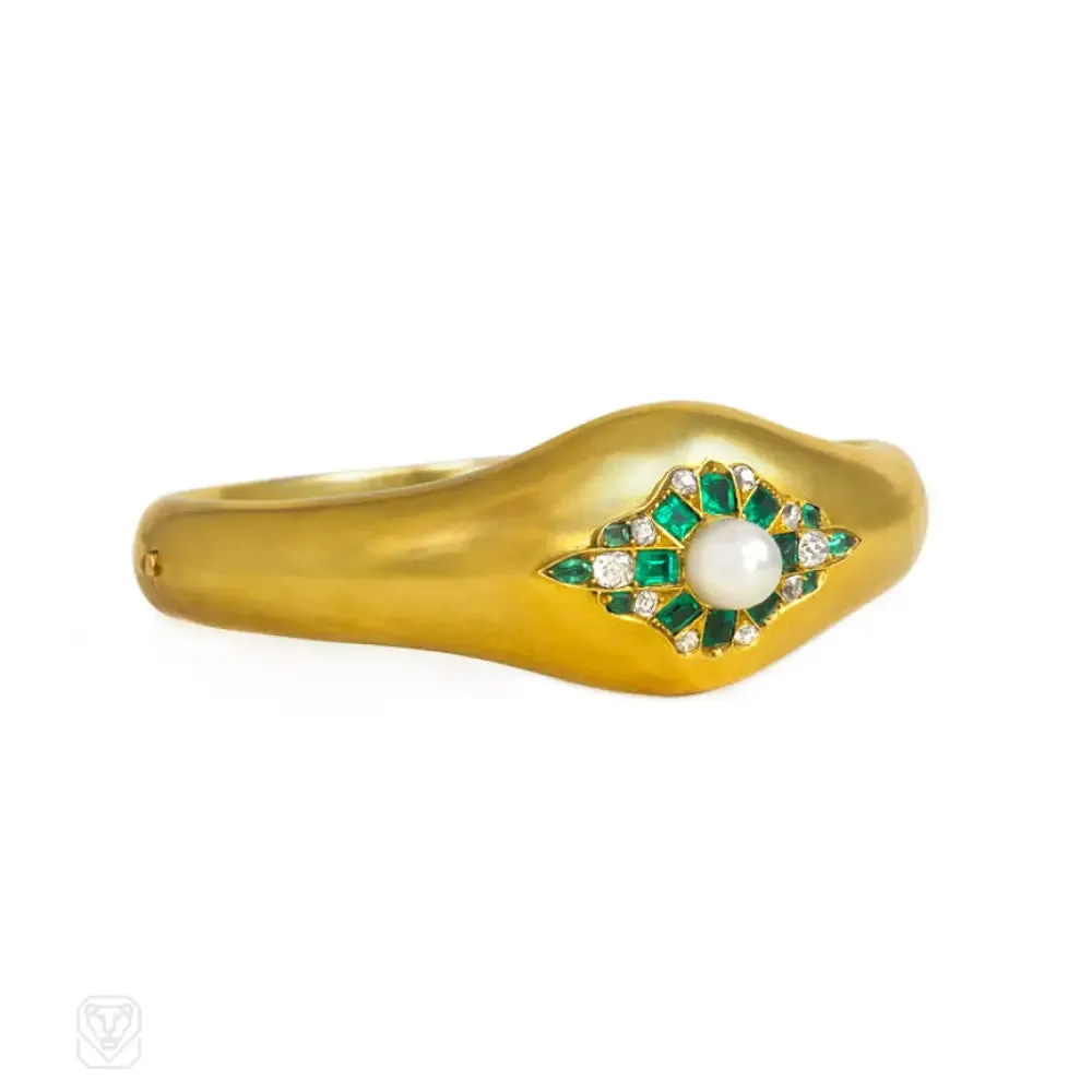 Antique gold, emerald, pearl, and diamond bangle