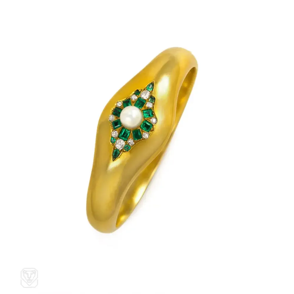 Antique gold, emerald, pearl, and diamond bangle