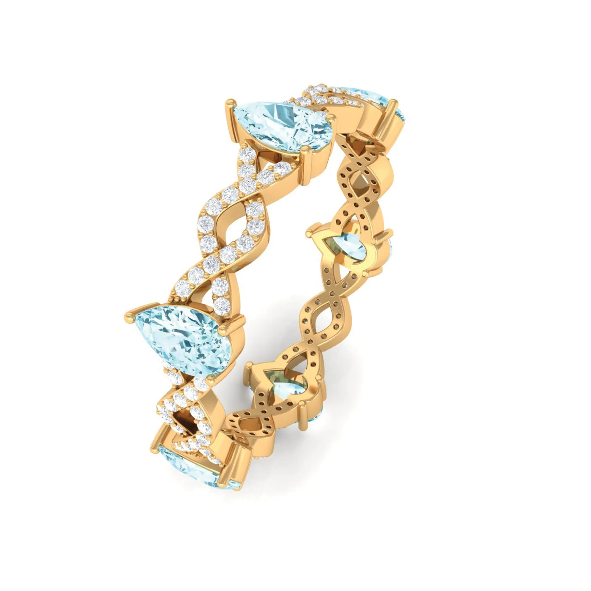 Aquamarine and Diamond Full Eternity Ring with Crossover Shank