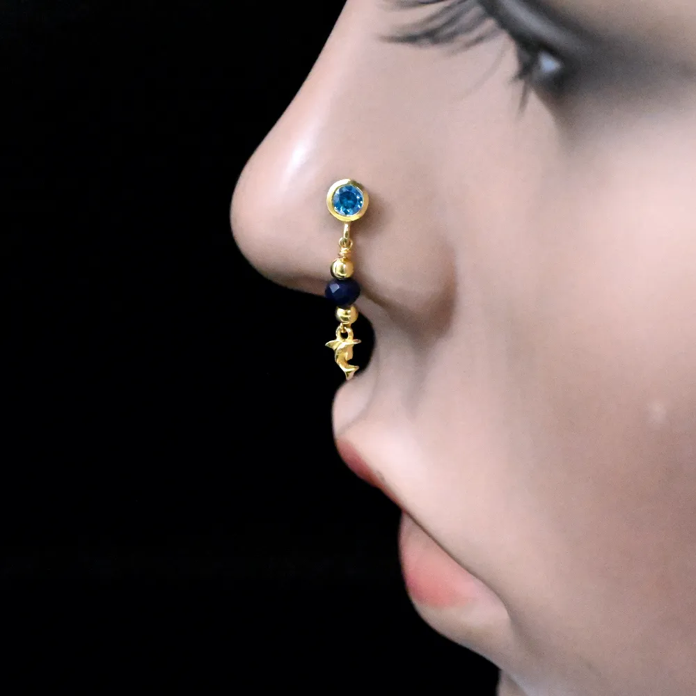 Blue Topaz Dangling Fish Nose Piercing | Unique Nose Ring Stud