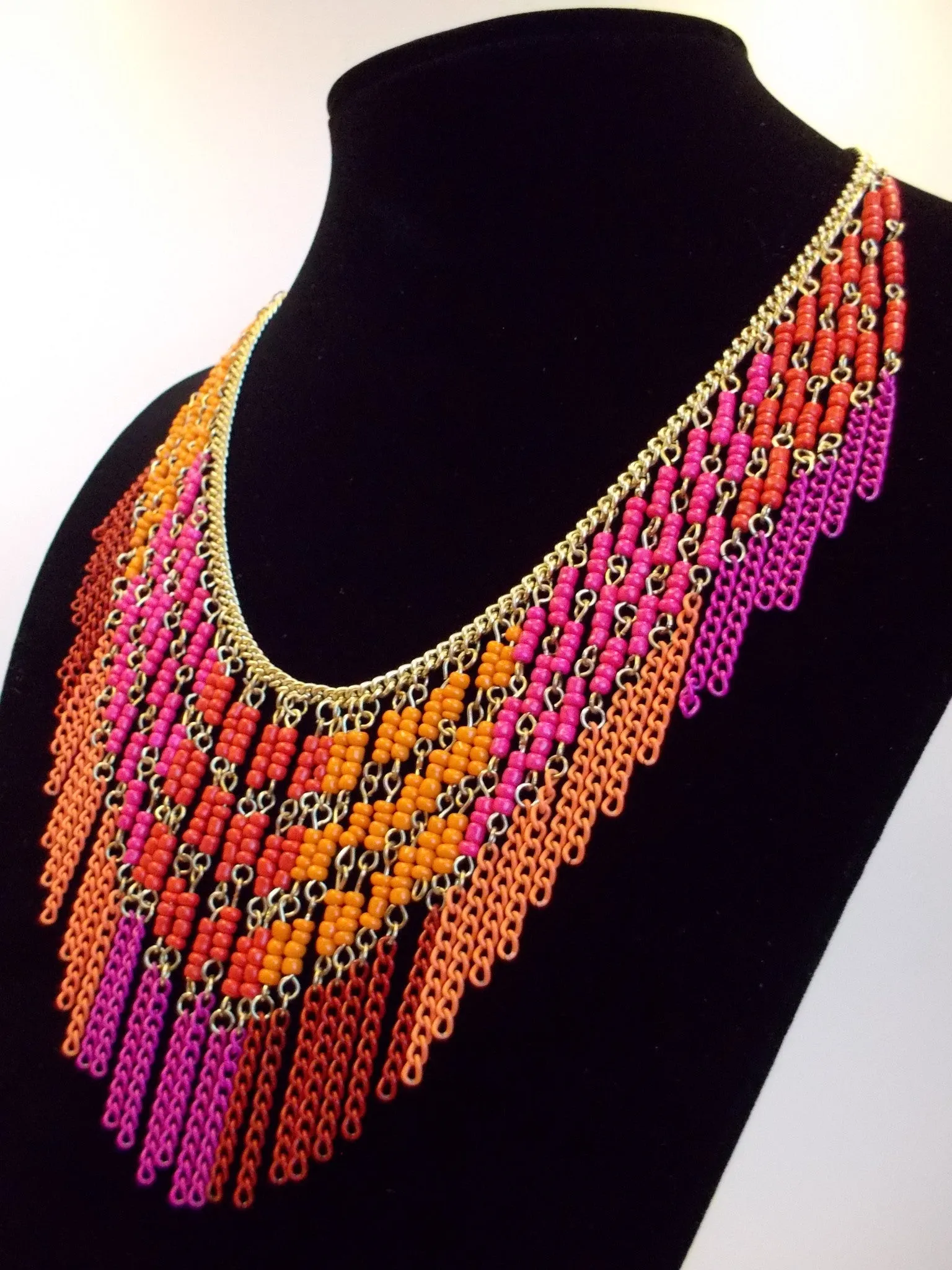 Boho Beaded Fringe Statement Necklace- Pink