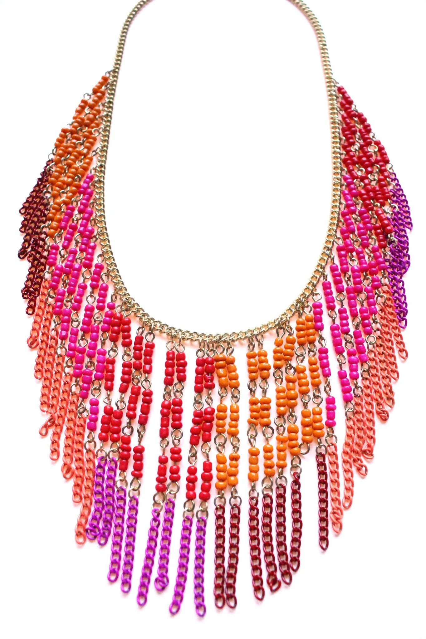Boho Beaded Fringe Statement Necklace- Pink