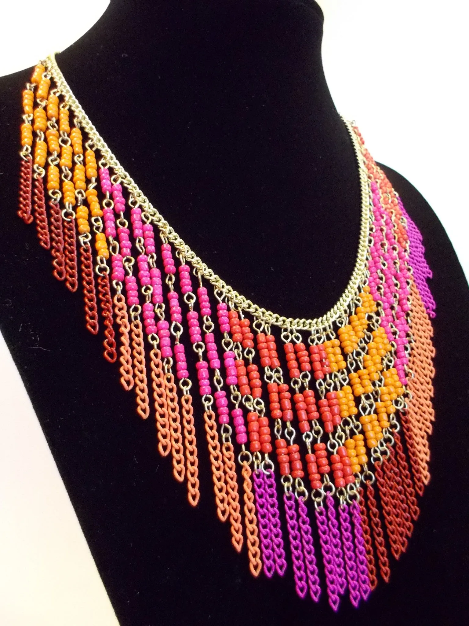 Boho Beaded Fringe Statement Necklace- Pink
