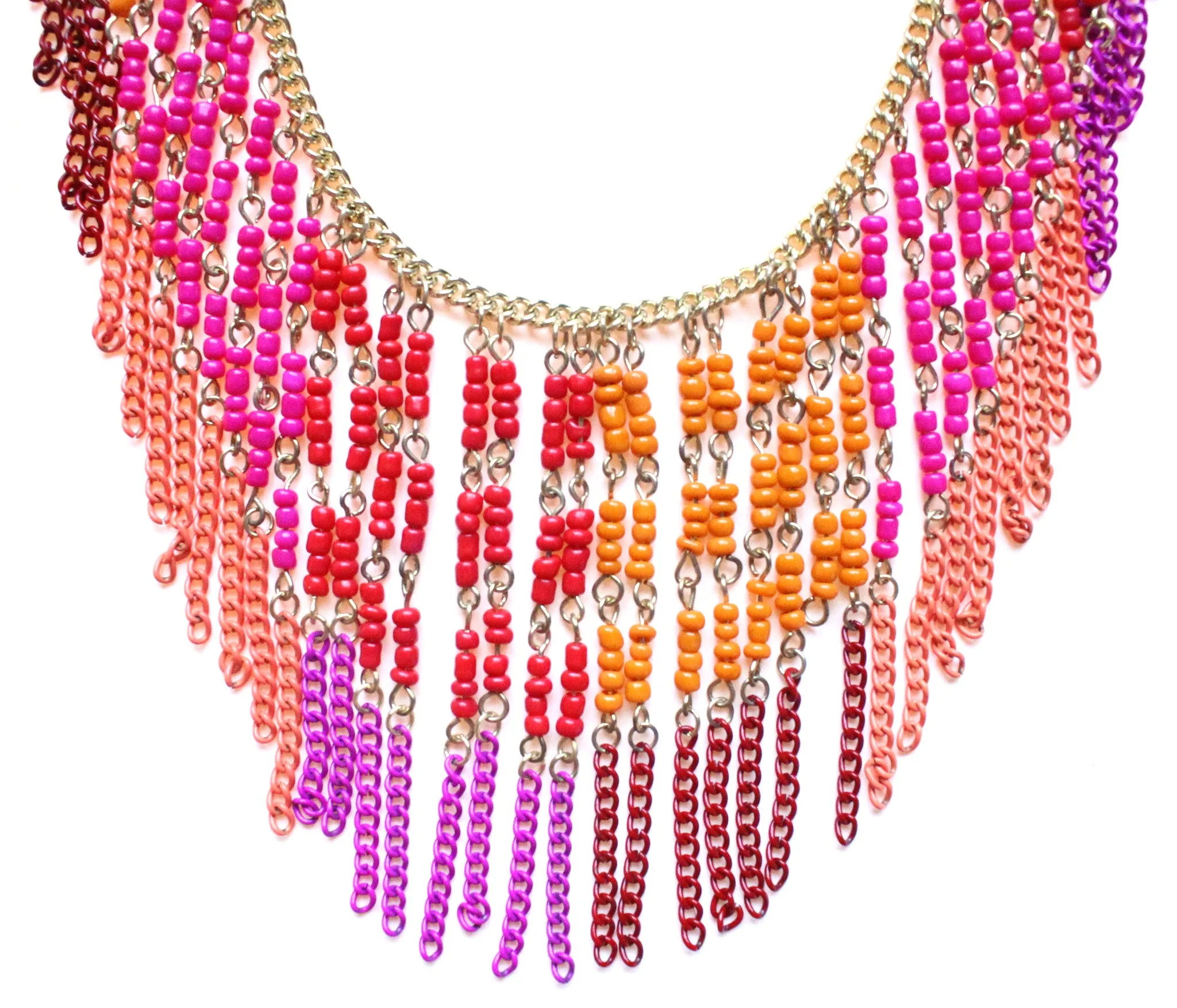 Boho Beaded Fringe Statement Necklace- Pink