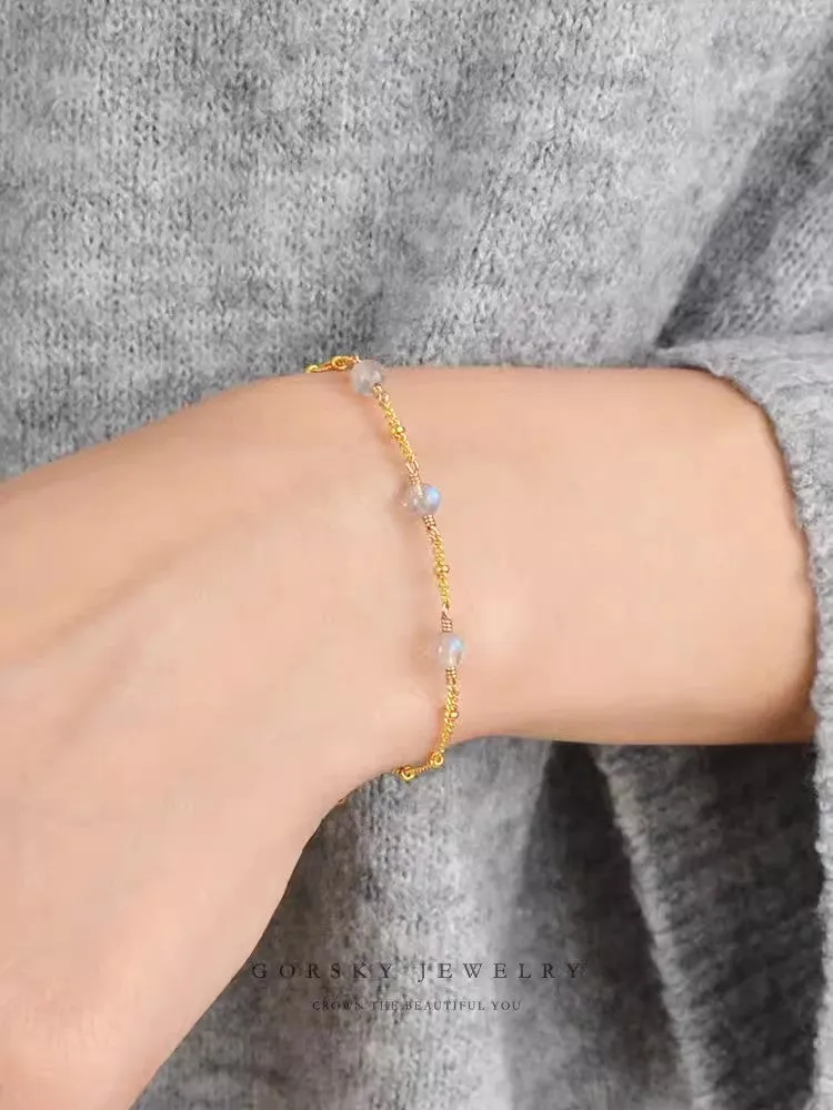 Boho Womens Grey Moonstone Bracelet 14k Gold Plated