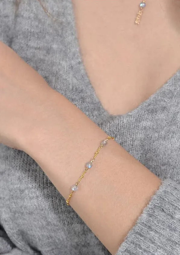 Boho Womens Grey Moonstone Bracelet 14k Gold Plated