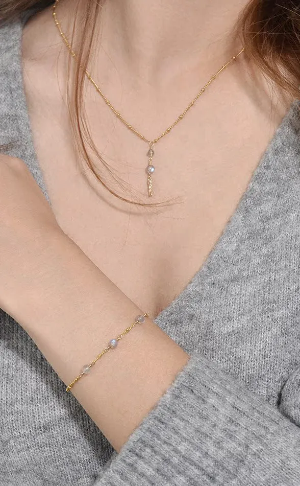 Boho Womens Grey Moonstone Bracelet 14k Gold Plated