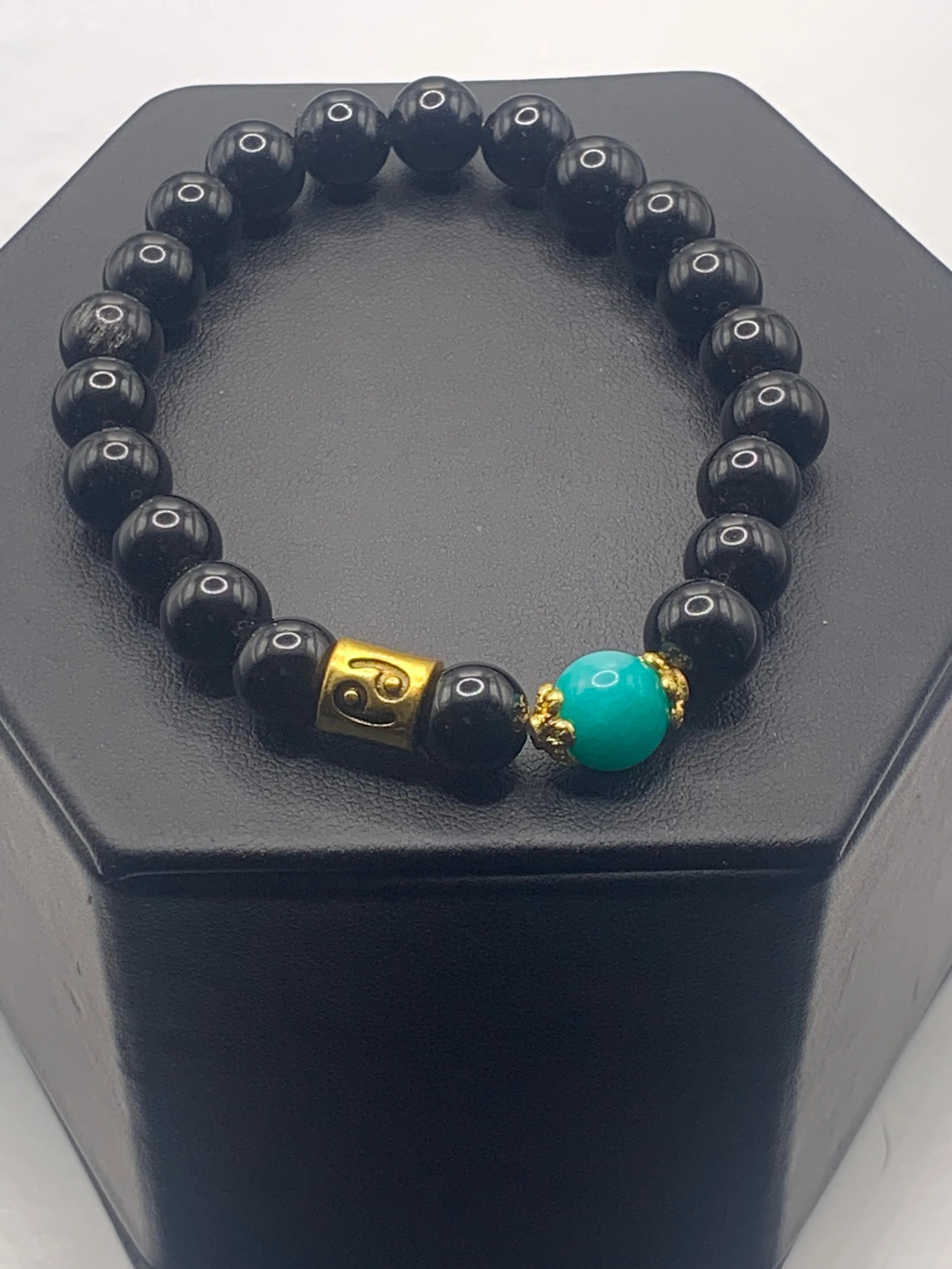 Cancer Zodiac black obsidian with aquamarine chalcedony semi precious stone/crystal elastic beaded bracelet with gold accents
